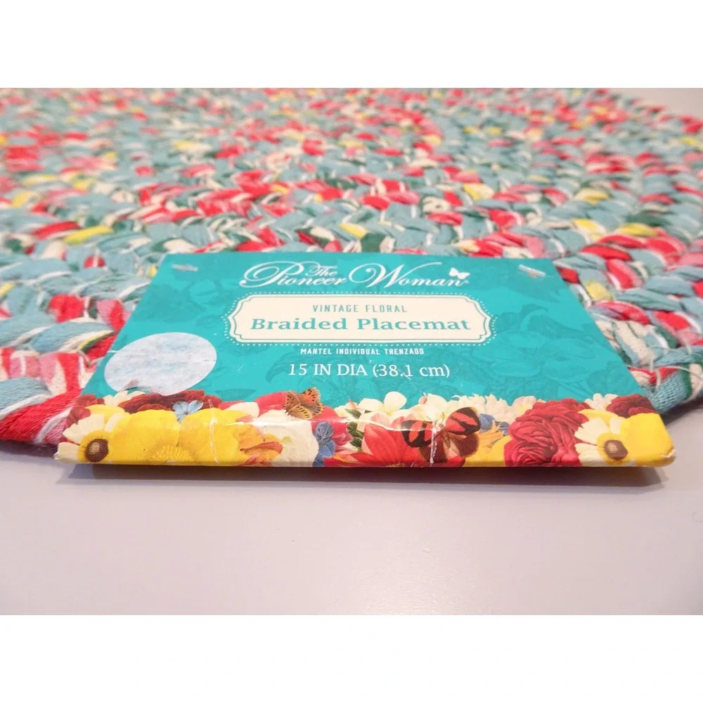 LOT 3 Pioneer Woman Vintage Floral Braided Placemat Round 15 Inch Teal Red